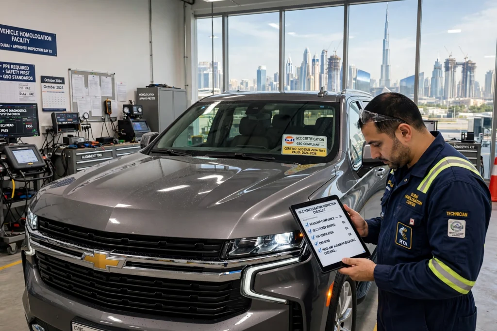 Automotive technician reviewing a diagnostic tablet while inspecting Gulf-spec lighting and compliance standards on a Chevrolet inside a service workshop in Dubai.