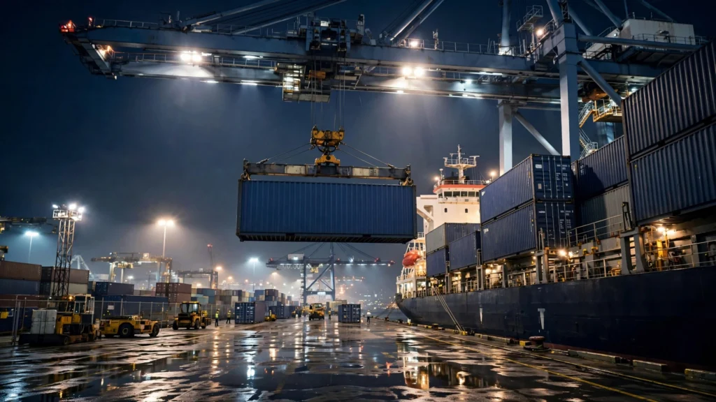 A large 40-foot shipping container being hoisted by a gantry crane onto a cargo vessel at an international port during sunset.