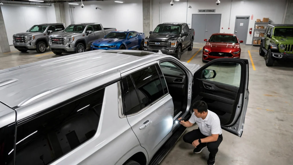 Auto Magnus procurement specialist inspecting the VIN plate of a vintage red Ford Mustang Fastback inside a secure classic car facility in the USA.