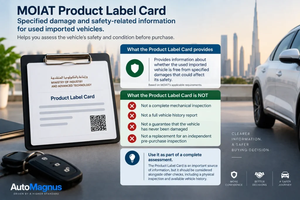 MOIAT Product Label Card showing specified damage and safety-related information for a used imported vehicle