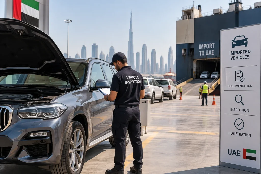Used imported vehicle undergoing inspection and documentation at a UAE vehicle facility
