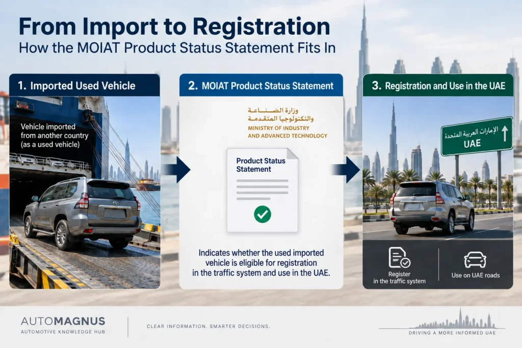 Infographic showing how a MOIAT Product Status Statement fits between vehicle import and registration in the UAE
