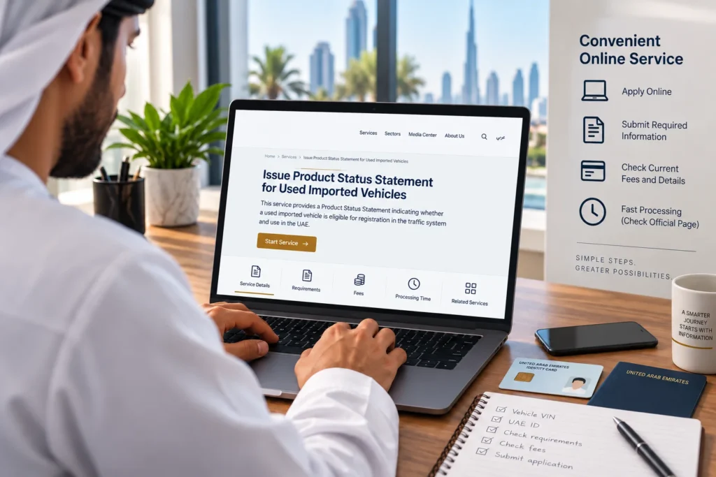 Person accessing the MOIAT Product Status Statement service for a used imported vehicle online