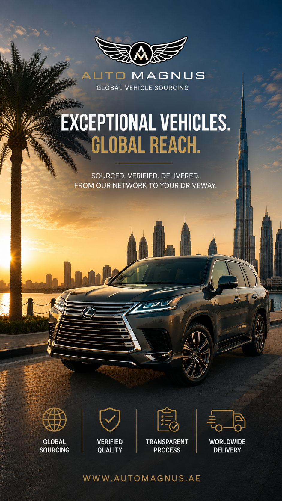 Lexus luxury vehicle parked against the Dubai skyline view from Meydan