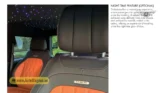 2026 Mercedes-Benz G-Class MBS Edition technical specification breakdown sheet highlighting the optional night-time starlight headliner feature with fiber-optic strand detailing and orange-and-black leather seats